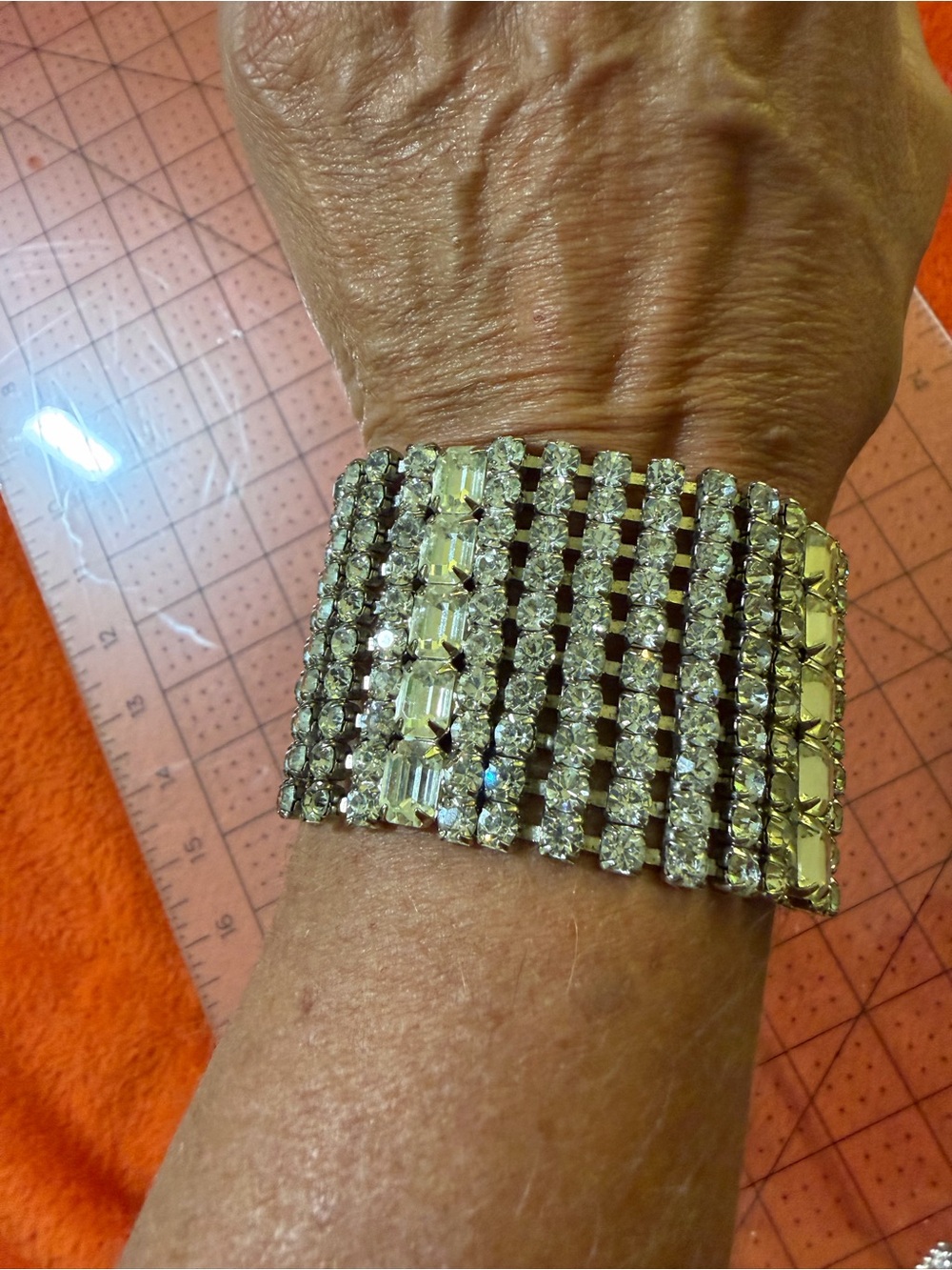 Vintage Rhinestone Wide Cuff Bracelet Clear Crystal Emerald Cut Safety Chain